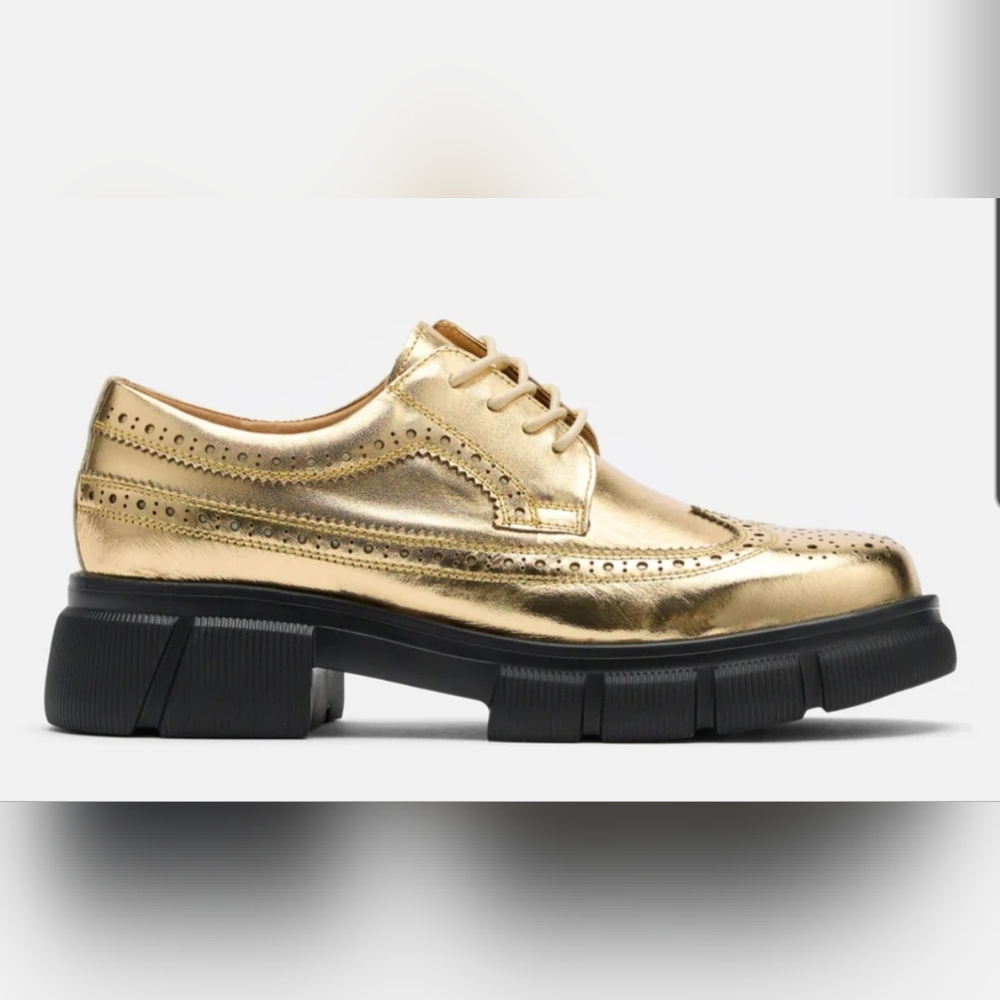 Women's Ms. Alexander Gold Leather Lug Wingtip Derby